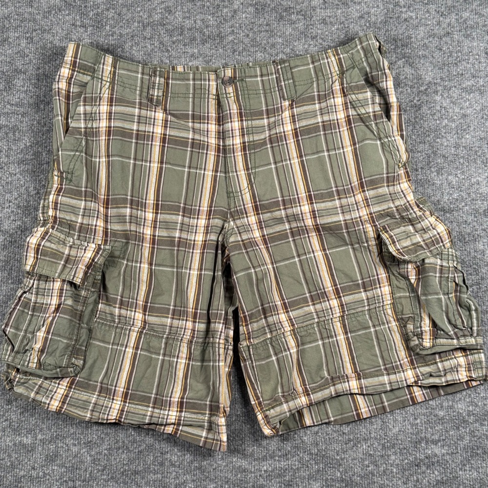 Y2K Retro Cargo Shorts 40 Plaid Green Brown Utility Hiking Outdoor Skater Nature